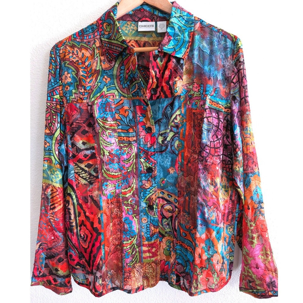 Chico's Silk Blend Patchwork Button Front Blouse Size 1 Medium Wearable Art Boho